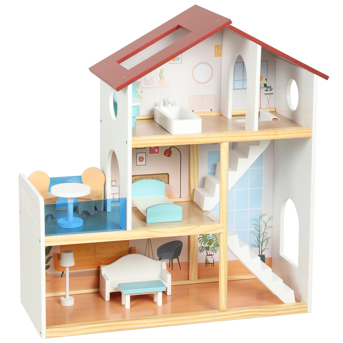 AIYAPLAY Kids Wooden Dolls House, 3-Story Dollhouse with 5 Rooms and 11 Accessories, Pretend Play Gift for Ages 3+, White Default Title