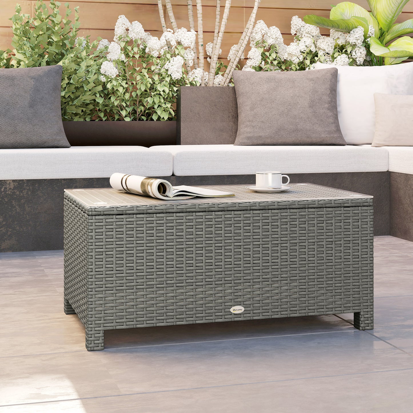 Outsunny Rattan Garden Coffee Table with Glass Top, Light Grey