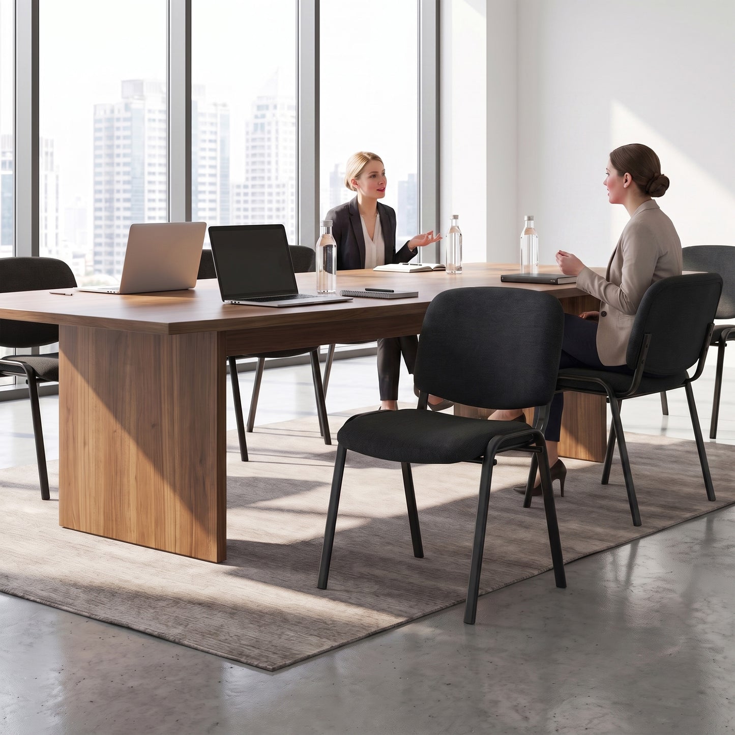 HOMCOM Linen-Look Fabric Reception Chairs, Stackable Meeting Chairs Set of 4 with Backrest, Padded Seat for Office, Black