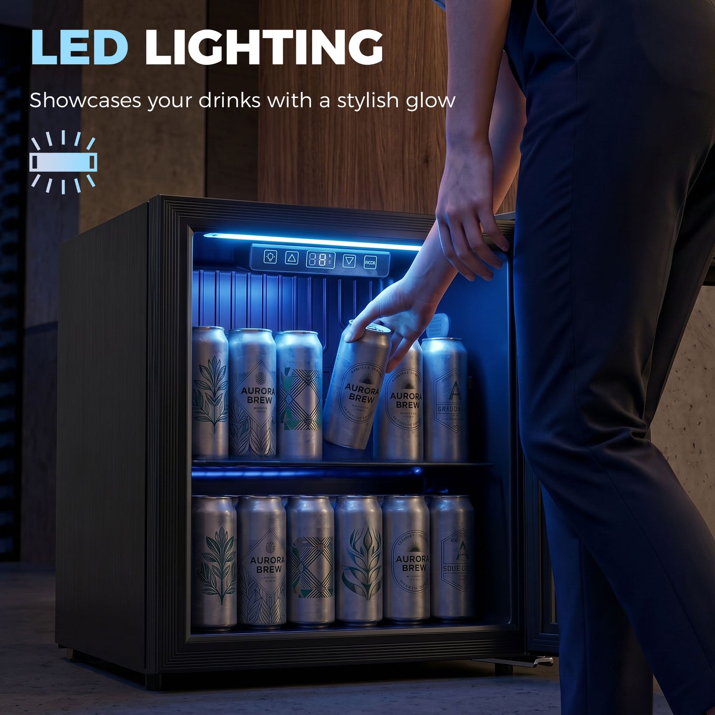 HOMCOM 50L Drinks Fridge, 48 Can Under Counter Freestanding Beer Fridge with LED Light
