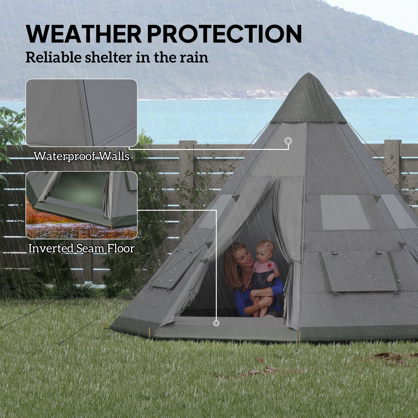 Outsunny 6 Men Tipi Tent with Carry Bag - Grey