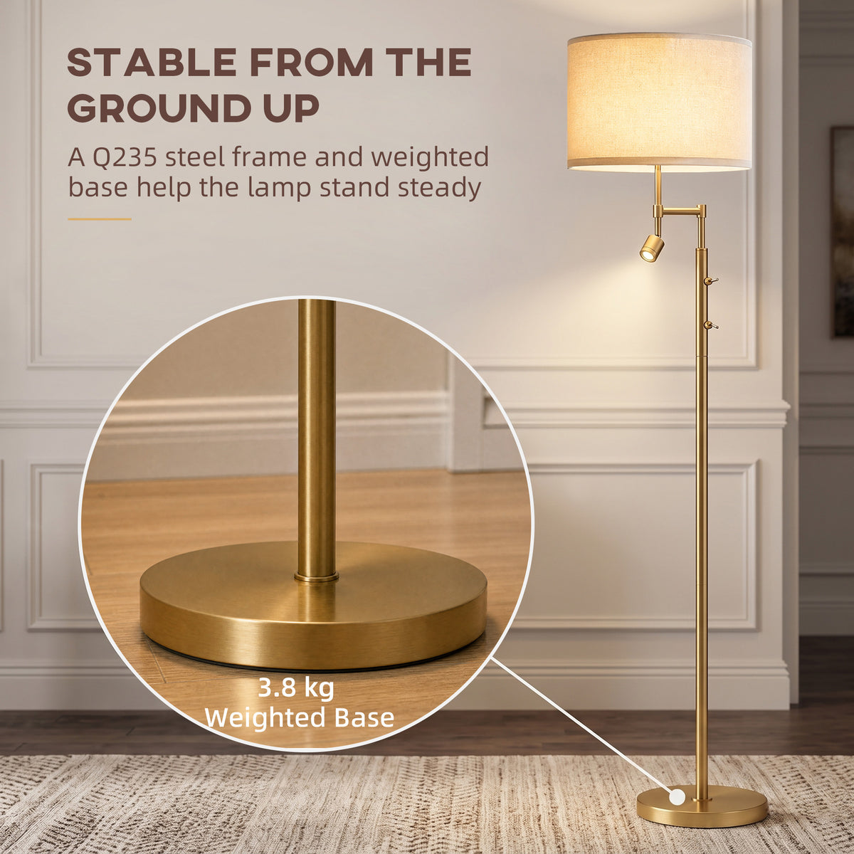 HOMCOM Modern Floor Lamp with Built-In Reading Light, Standing Lamp with Independent Switch, Copper
