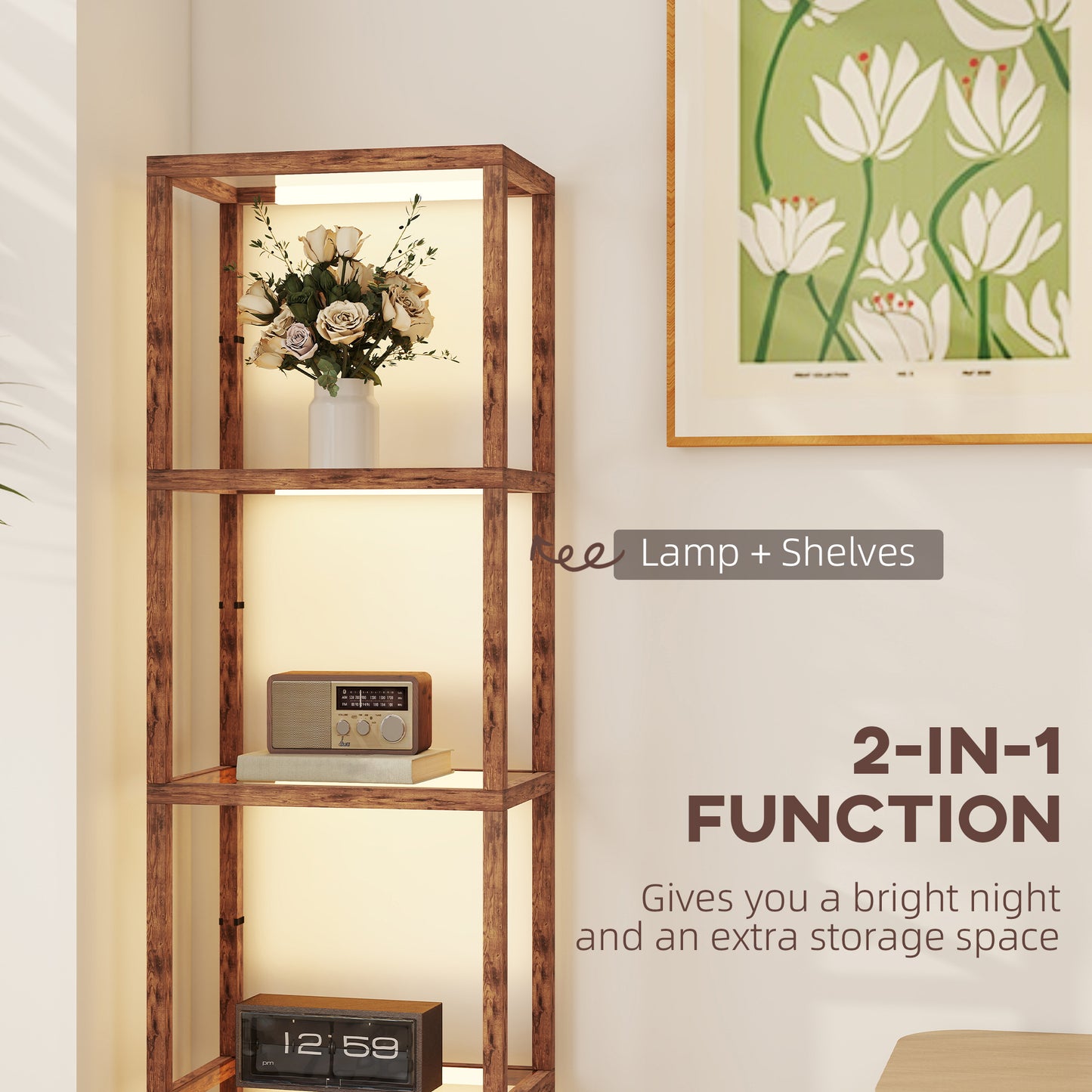 HOMCOM Four-Shelf Floor Lamp - Rustic Brown
