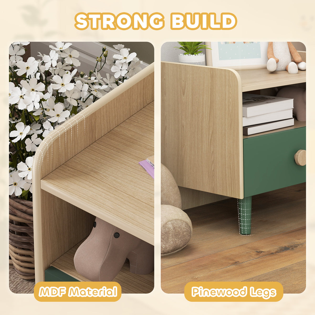 AIYAPLAY Kids Bedside Table with Drawer and Open Storage Shelf, Wooden Nightstand for Bedroom, Bedside Cabinet, Green