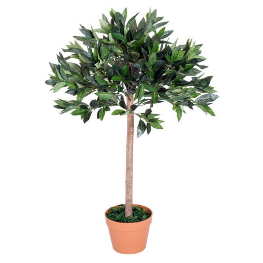 Outsunny Artificial Bay Tree In Pot, 3ft Tall Indoor Outdoor Garden Topiary Ball with Solid Wood Trunk, Realistic Lush Green Leaves for Home Office Garden Porch