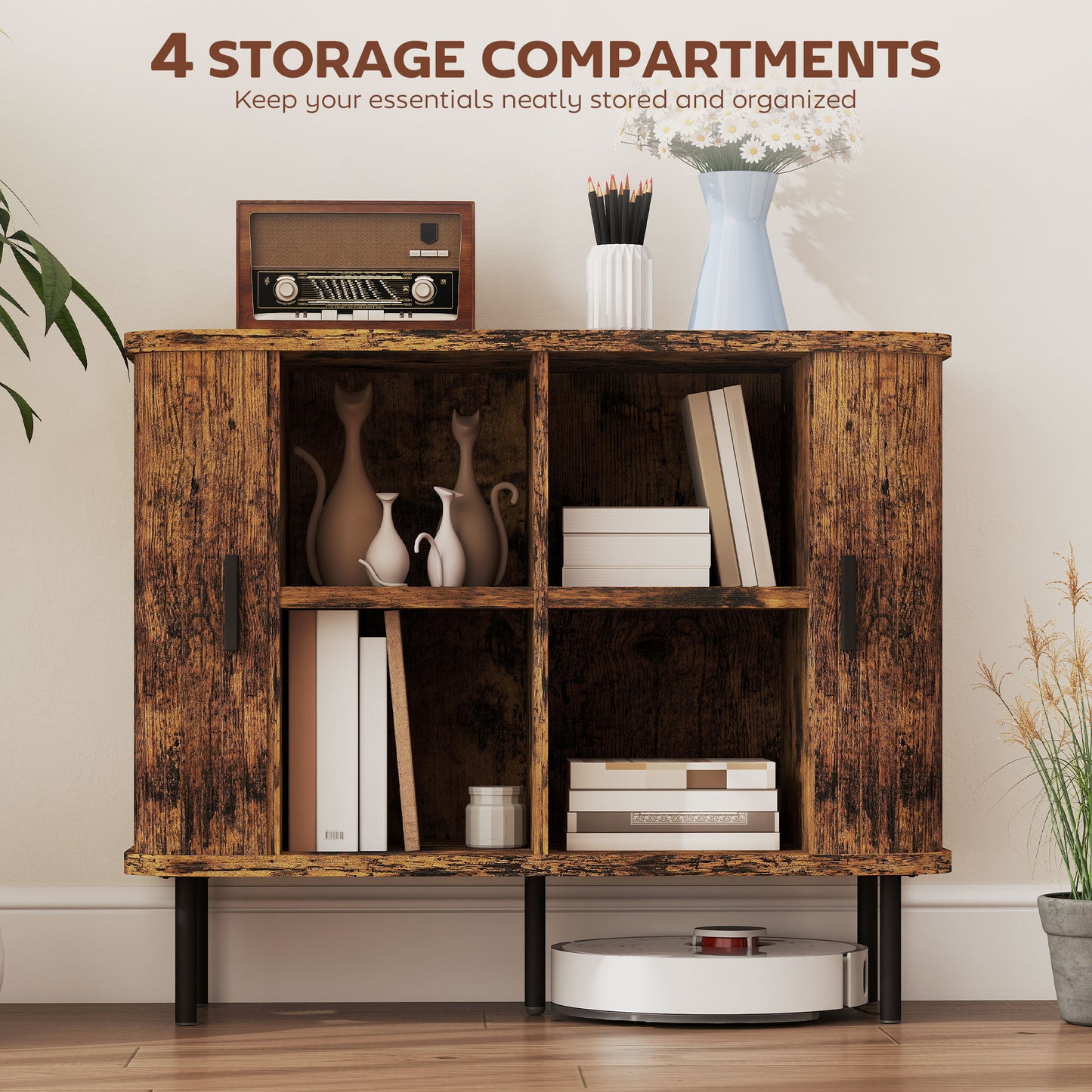 HOMCOM Mid-Century Modern Sideboard Storage Cabinet with Slatted Tambour Sliding Doors, Kitchen Cabinet with Steel Legs, Rustic Brown