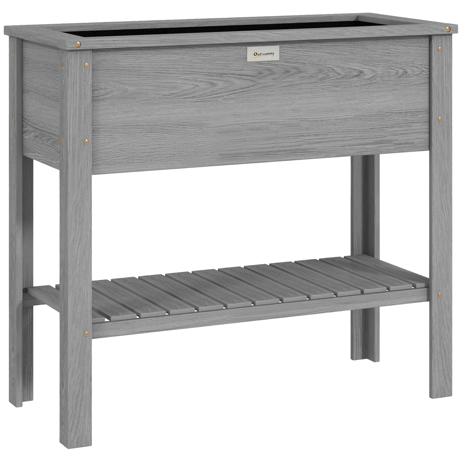 Outsunny Wooden Raised Garden Bed, Elevated Planter Box with Storage Shelf and Drainage Holes, Raised Planter with Legs, Grey