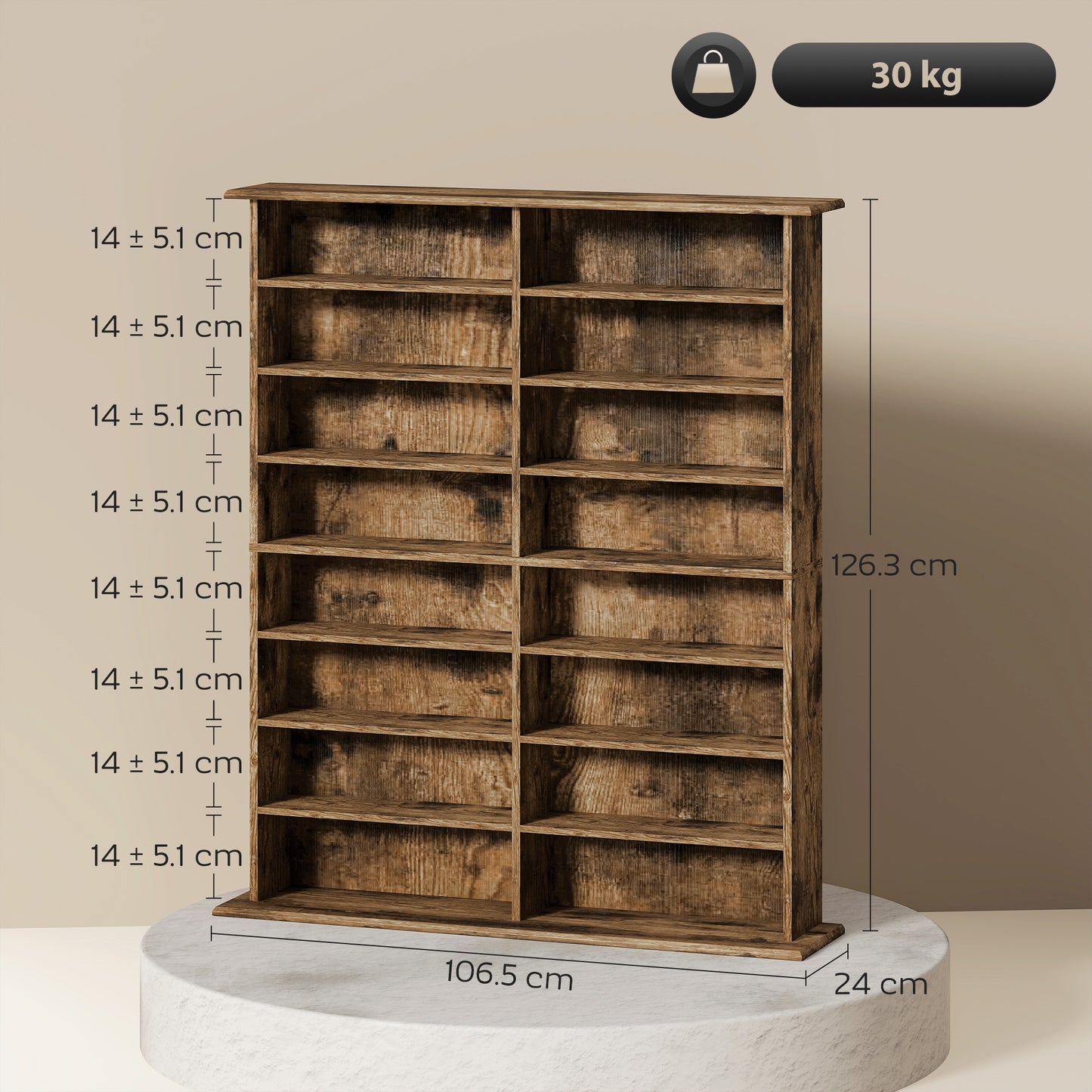 HOMCOM 16-Compartment Media Shelf - Rustic Brown