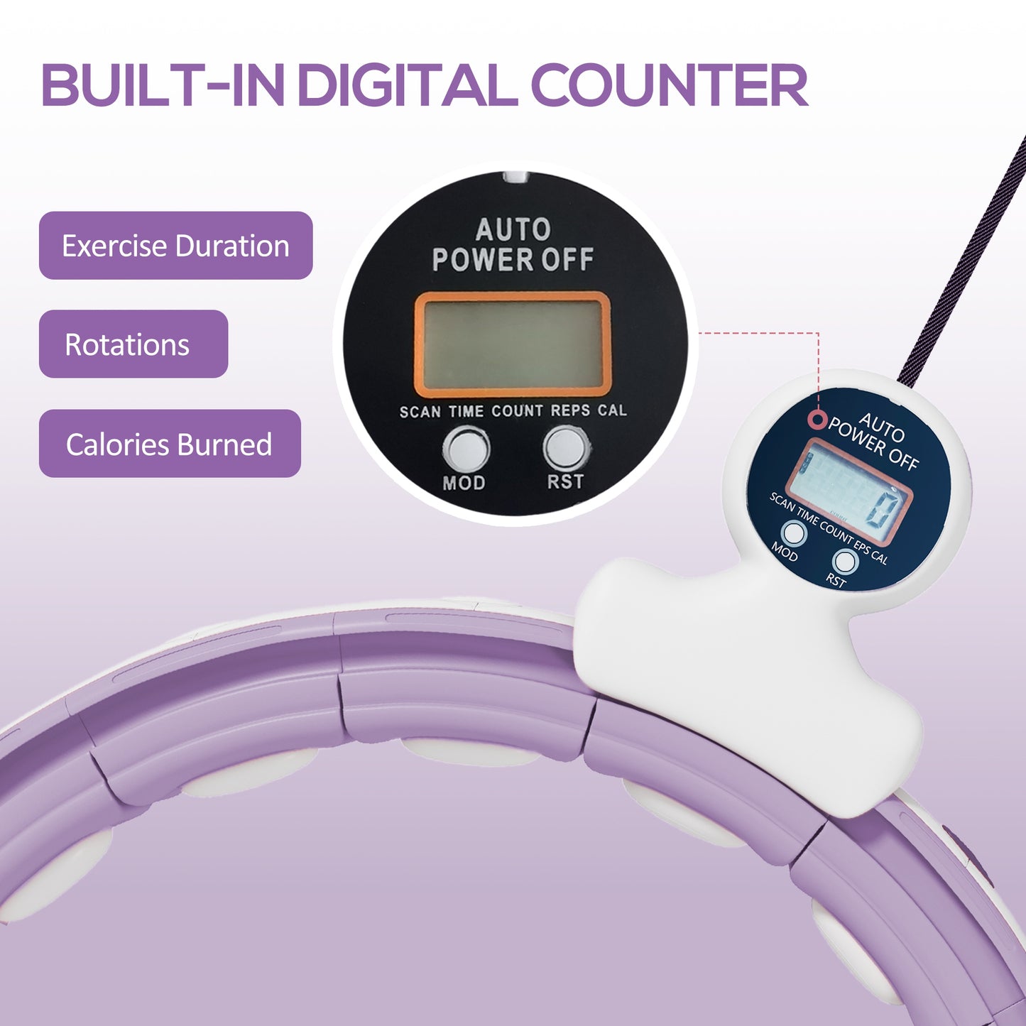SPORTNOW Smart Weighted Hula Hoop, Massage Hula Ring w/ 16 Detachable Knots, 360Â° Auto-Rotating Ball, Digital Counter, Purple