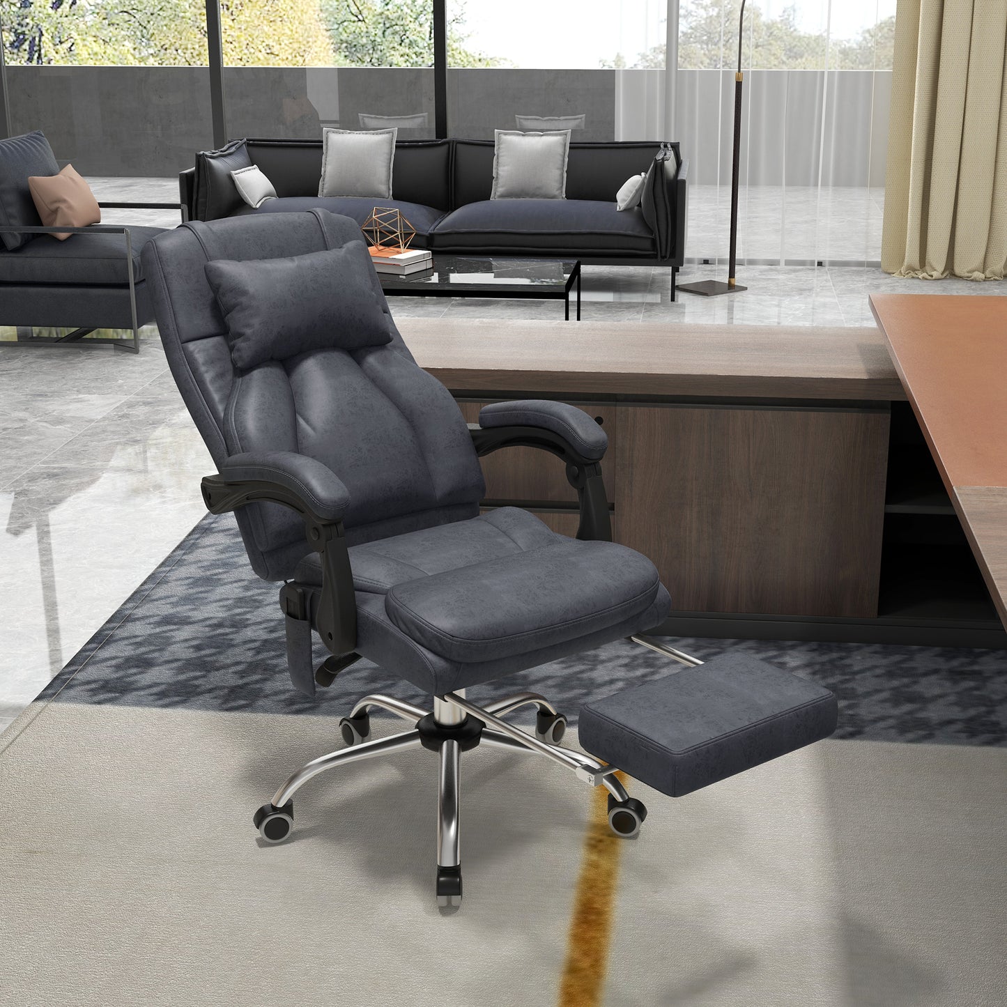 Vinsetto Office Chair with Lumbar Massage, 135Â° Reclining Computer Chair with Adjustable Headrest, Retractable Footrest, 10cm Double Padded Seat, Microfiber Fabric, Metal Base, Dark Grey