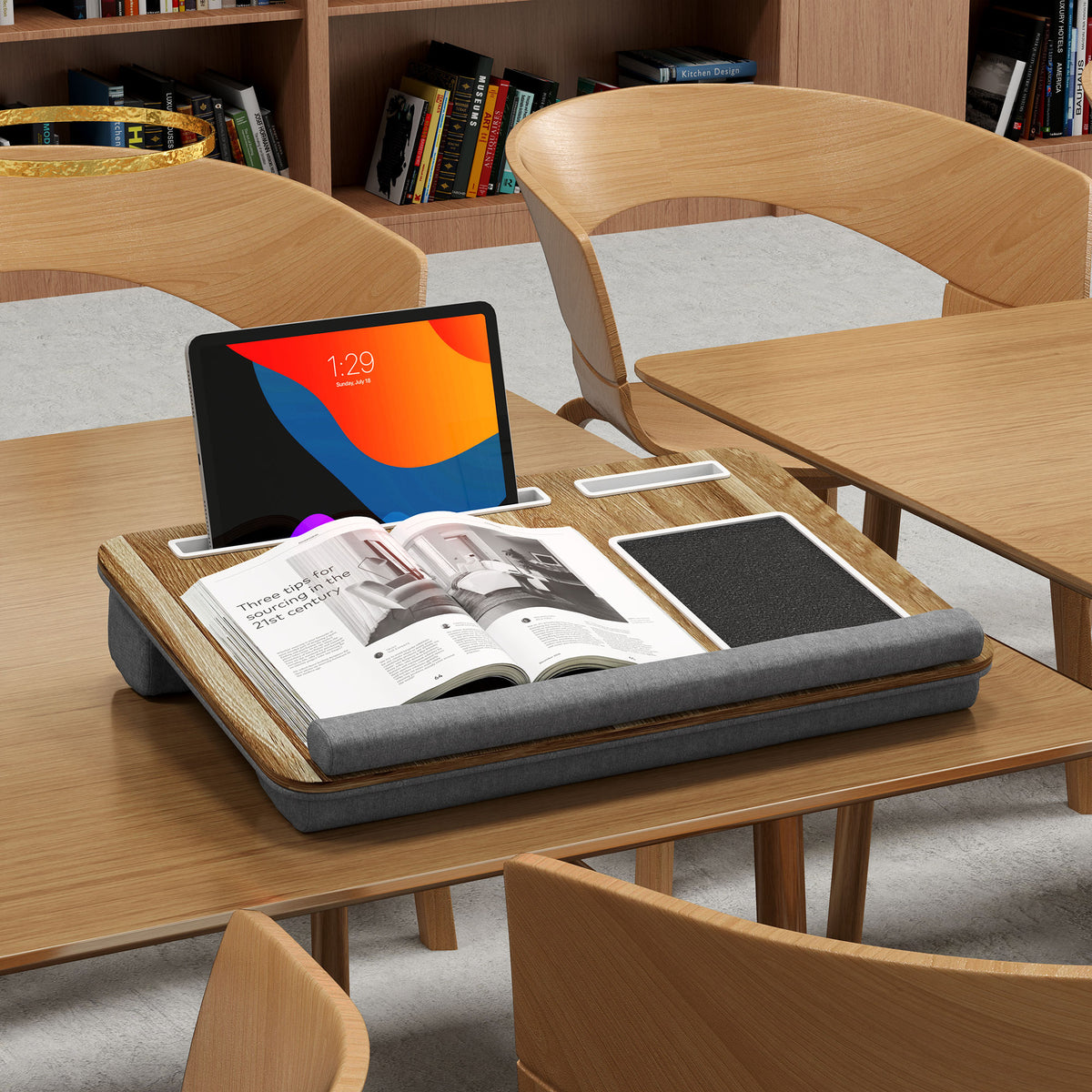 HOMCOM Lap Desk for Bed Sofa, Laptop Tray with Cushion Mouse Pad, Wrist Rest & Phone Holder, Fits Up to 15.6" Laptops, Oak Grey