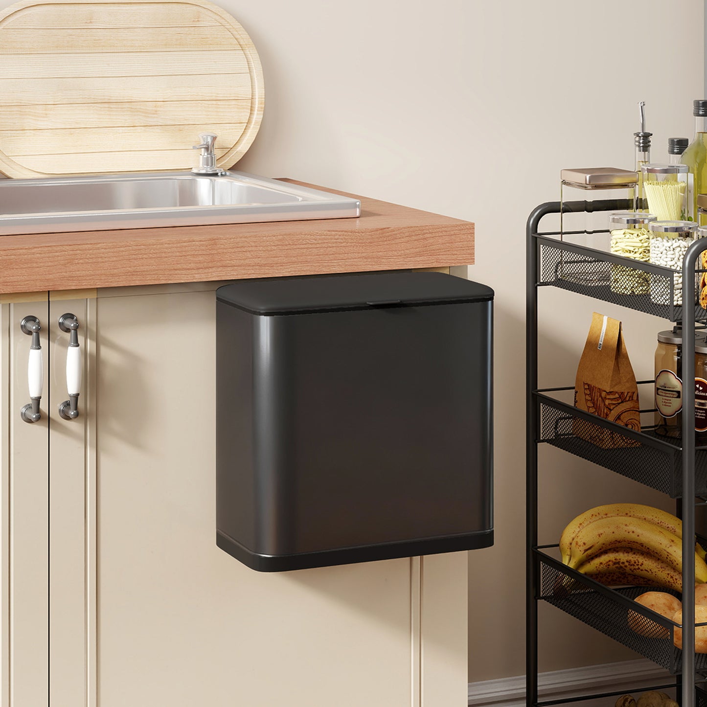 HOMCOM 8L Hanging Kitchen Bin, Rubbish bin with Lid and Removable Inner Bucket for Kitchen Cabinet Door, Under Sink, Office