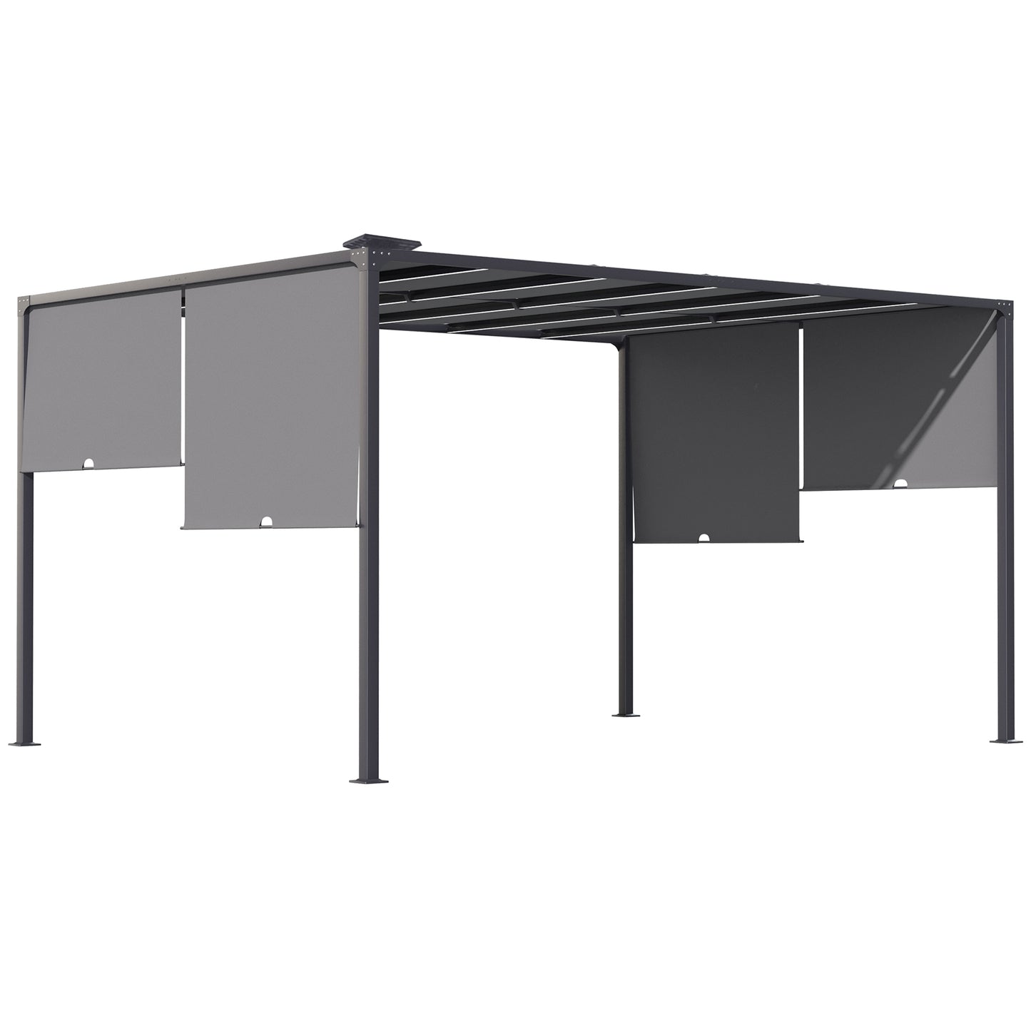 Outsunny 3(m) x 4m Metal Pergola with LED Lights, Outdoor Garden Pergola with Sliding Roof, Solar Powered, for BBQ,Â Lawn, Dark Grey