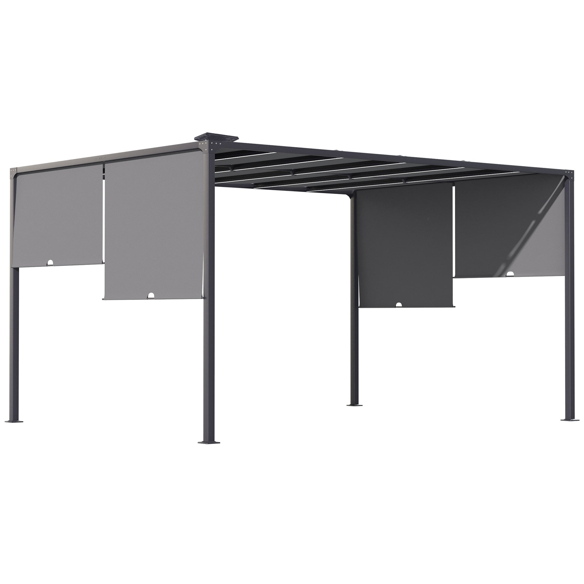 Outsunny 3(m) x 4m Metal Pergola with LED Lights, Outdoor Garden Pergola with Sliding Roof, Solar Powered, for BBQ,Â Lawn, Dark Grey