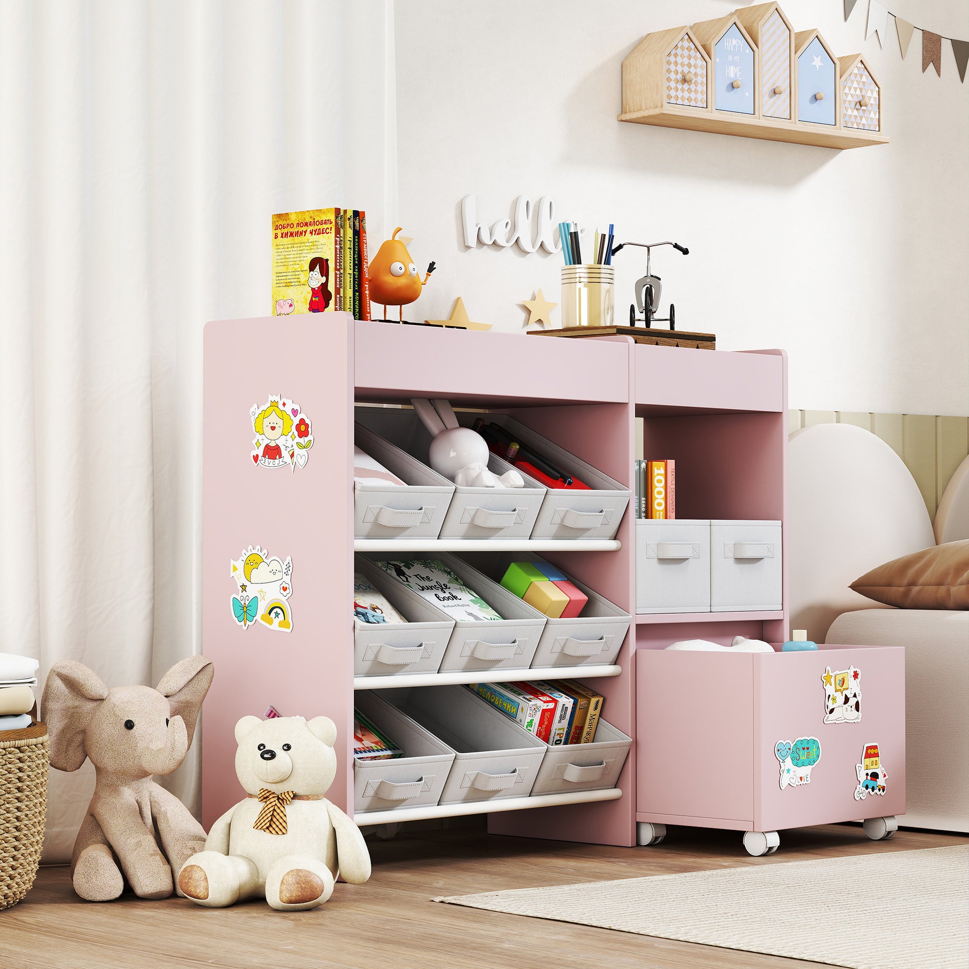 AIYAPLAY Kids Toy Storage Unit with 11 Bins, Cabinet, Top Shelves, 3 Stickers, for Nursery, Playroom, Pink