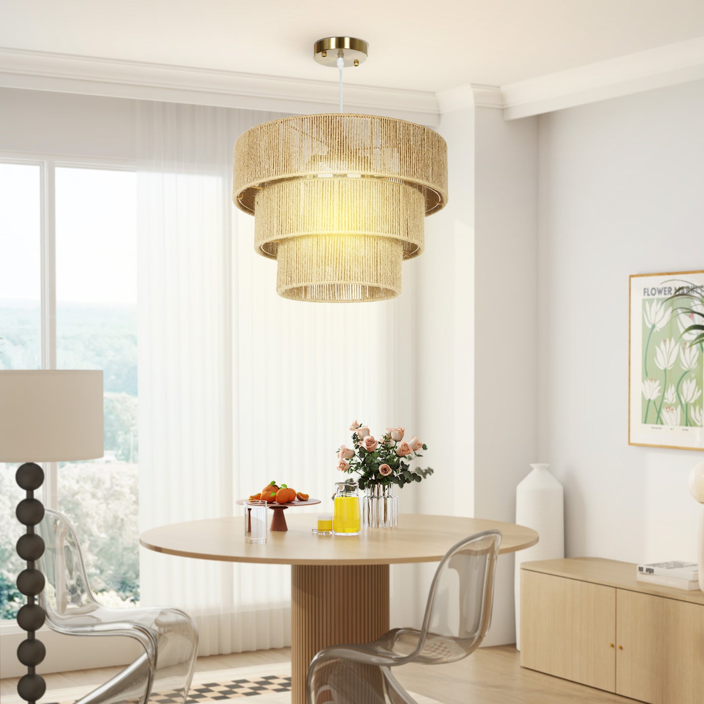 HOMCOM Hemp Rope Ceiling Light, 3-Layer Boho Pendant Light, 4 x E14 Vintage Ceiling Lamp Fixtures for Living Room, Bedroom, Kitchen, Hallway, Light Brown