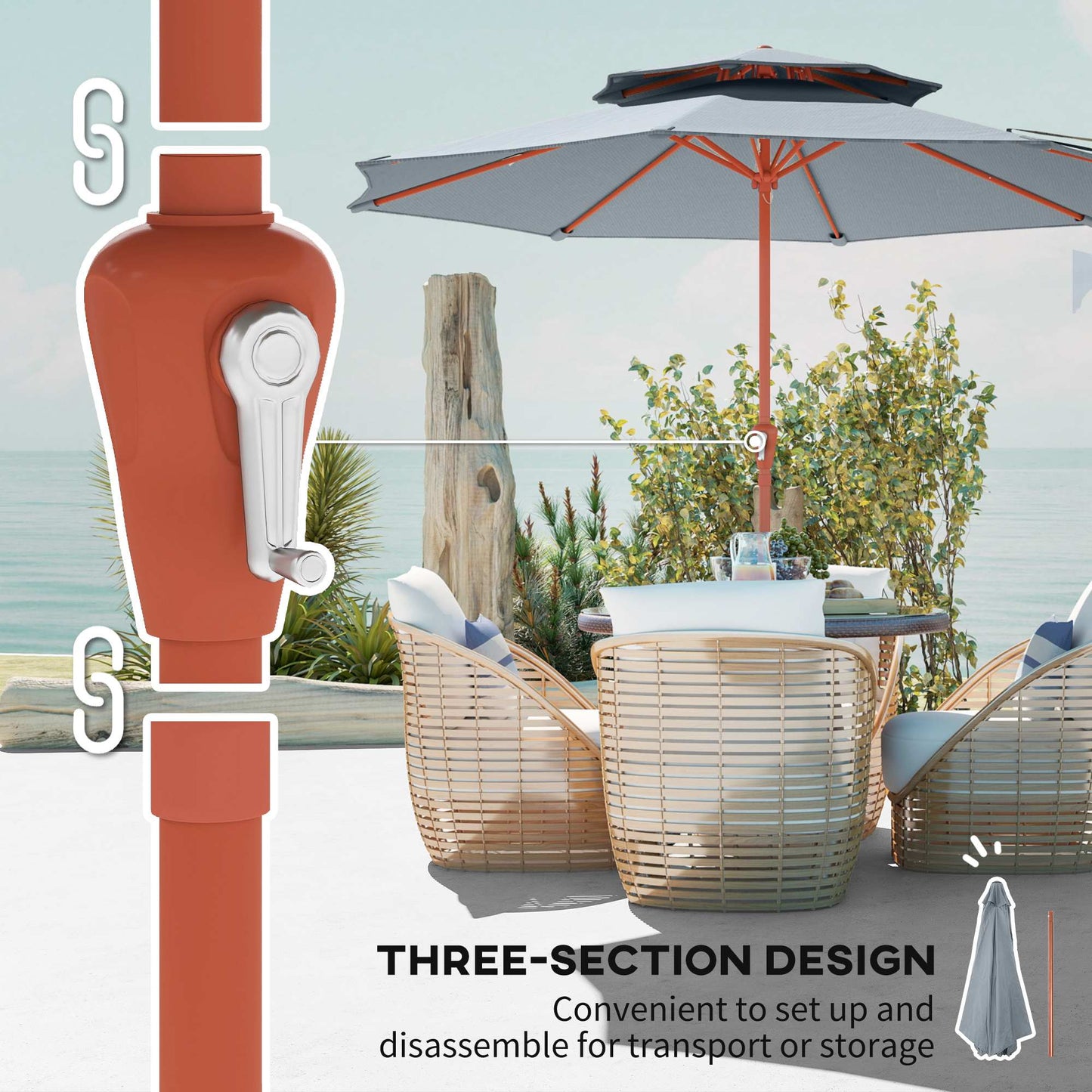 Outsunny 2.7 m Garden Parasol with Double Top Outdoor Market Table Umbrella with Crank System, Light Grey