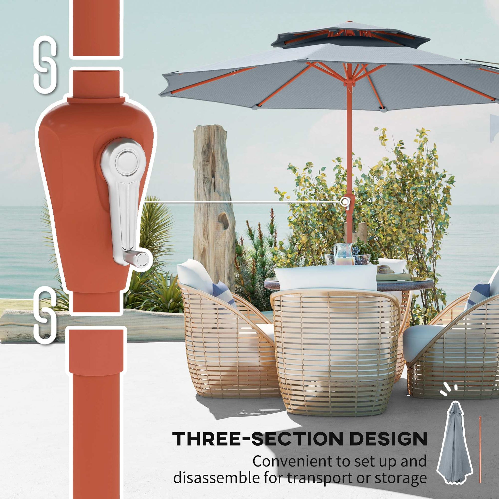 Outsunny 2.7 m Garden Parasol with Double Top Outdoor Market Table Umbrella with Crank System, Light Grey
