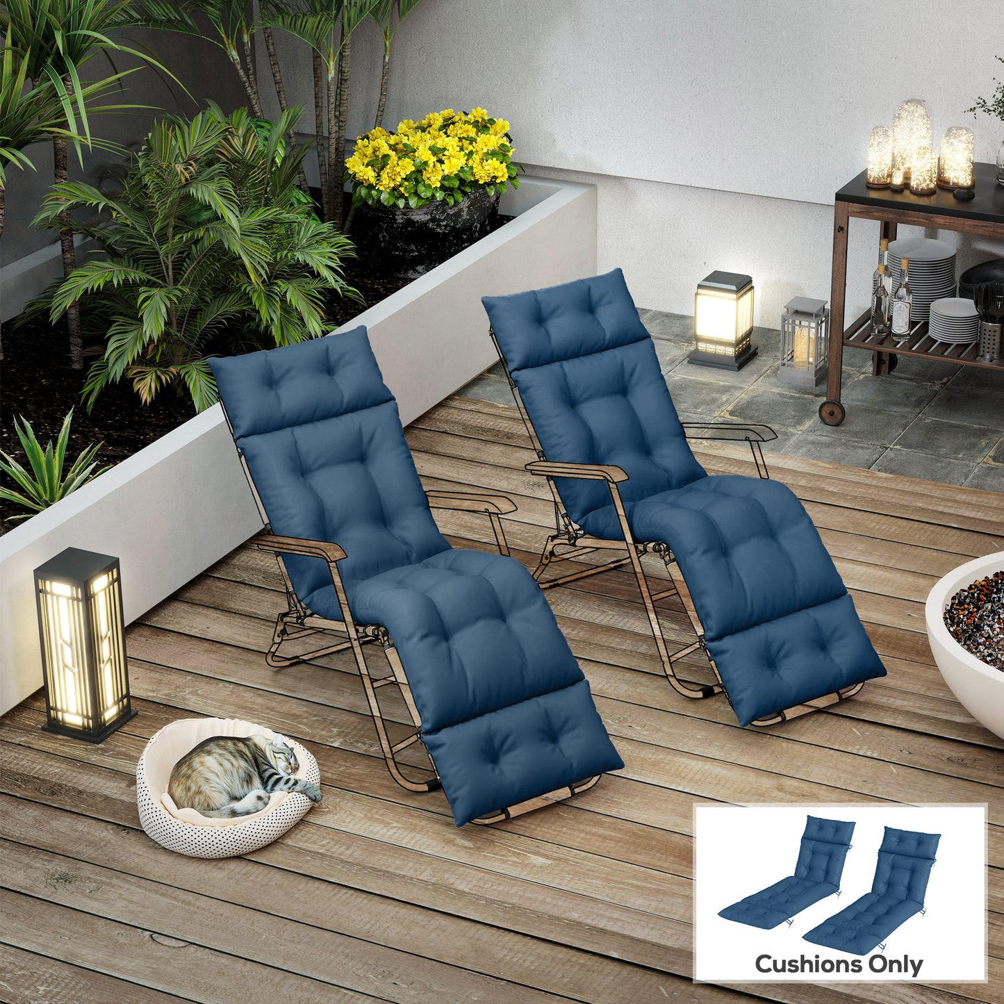 Outsunny Set of Two 190 x 56cm Sun Lounger Cushions - Navy Blue