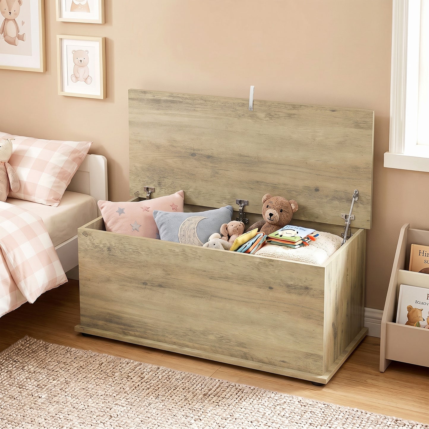 HOMCOM Large 114L Storage Chest Grey Wood Bench Trunk with Safety Lid for Bedroom Hallway and Living Room 100 x 40 x 40cm