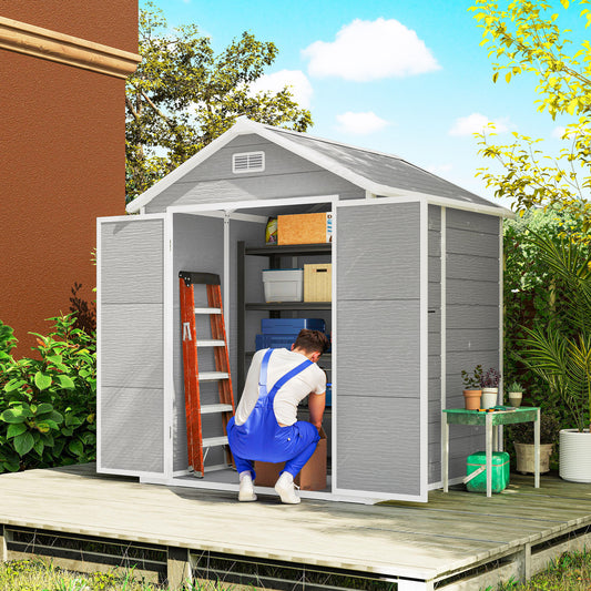 Outsunny 6 x 5ft Garden Shed, Plastic Shed with Floor, Window, Lockable Doors and Vents, Wood Effect Resin Tool Shed for Outdoor Patio, Dark Grey