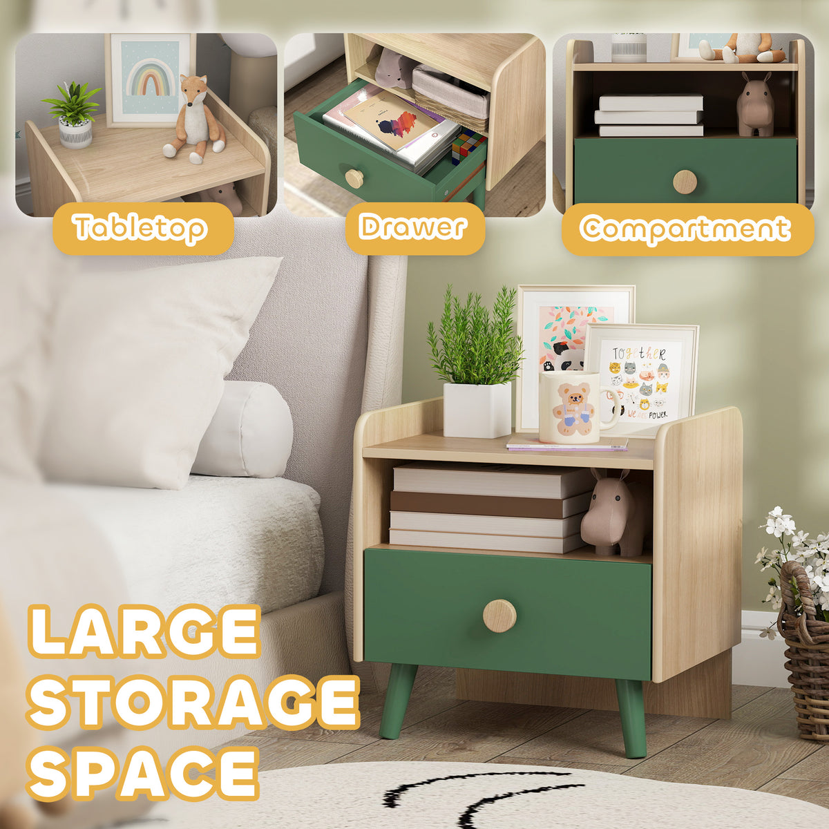 AIYAPLAY Kids Bedside Table with Drawer and Open Storage Shelf, Wooden Nightstand for Bedroom, Bedside Cabinet, Green