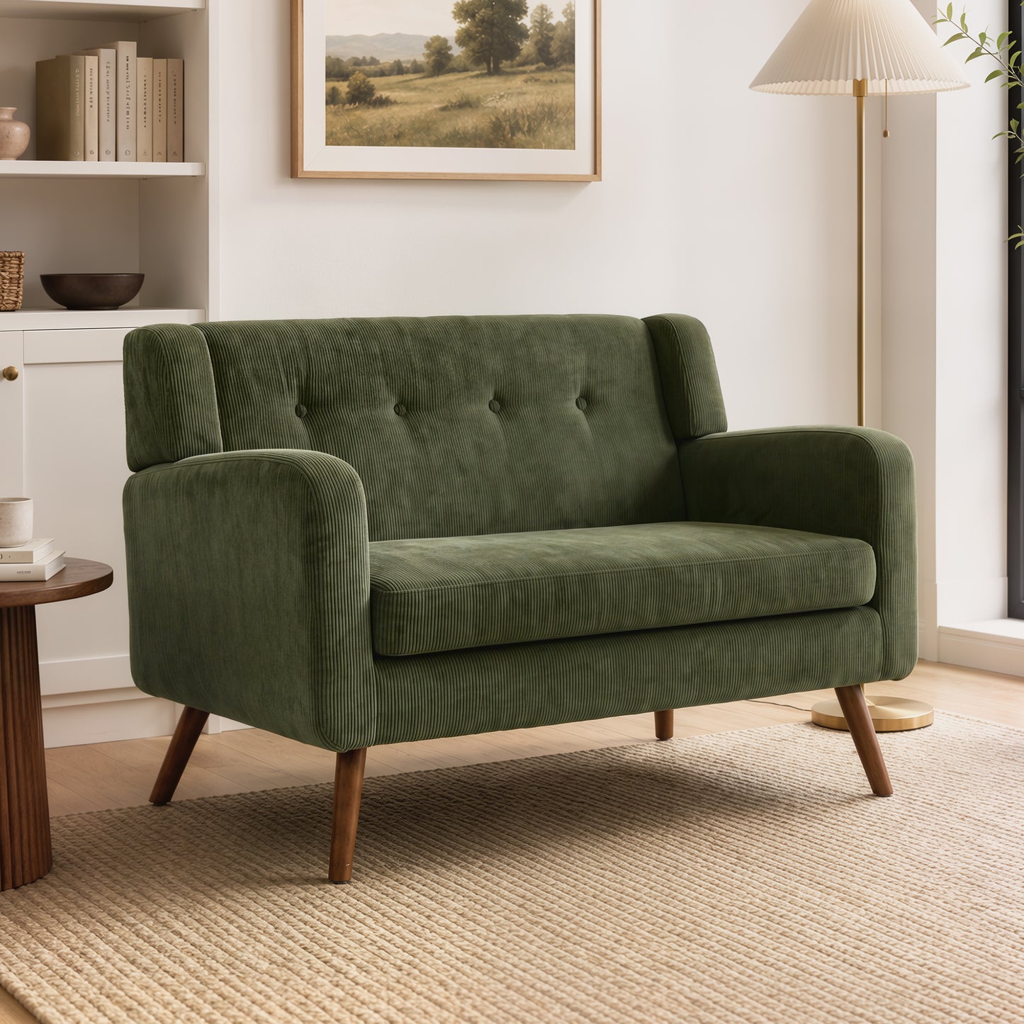HOMCOM 2 Seater Sofa, 118 cm Corduroy Small Loveseat with Spring Cushion, Wood Legs for Small Space, Living Room, Dark Green