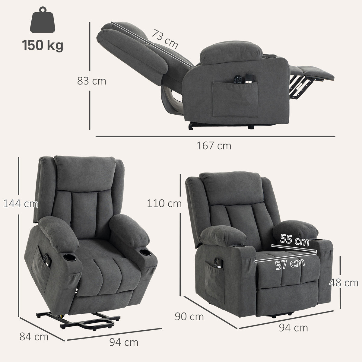 HOMCOM Dual Motor Recliner Chair, 55Â° Electric Lift Chair for Elderly, Recliner Armchair with Massage and Heat, Dark Grey