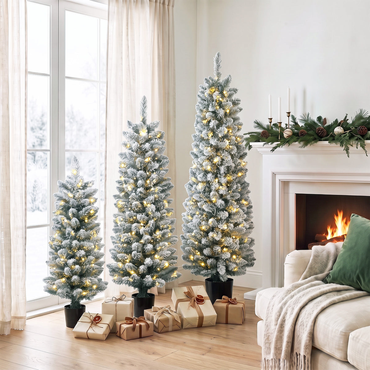 HOMCOM Prelit Snowy Flocked Artificial Christmas Tree Set of 3, Slim Xmas Tree with PVC Tips, 3FT+4FT+5FT