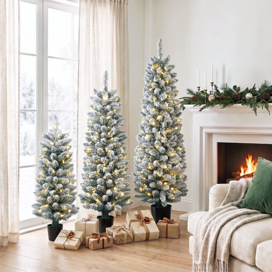 HOMCOM Prelit Snowy Flocked Artificial Christmas Tree Set of 3, Slim Xmas Tree with PVC Tips, 3FT+4FT+5FT
