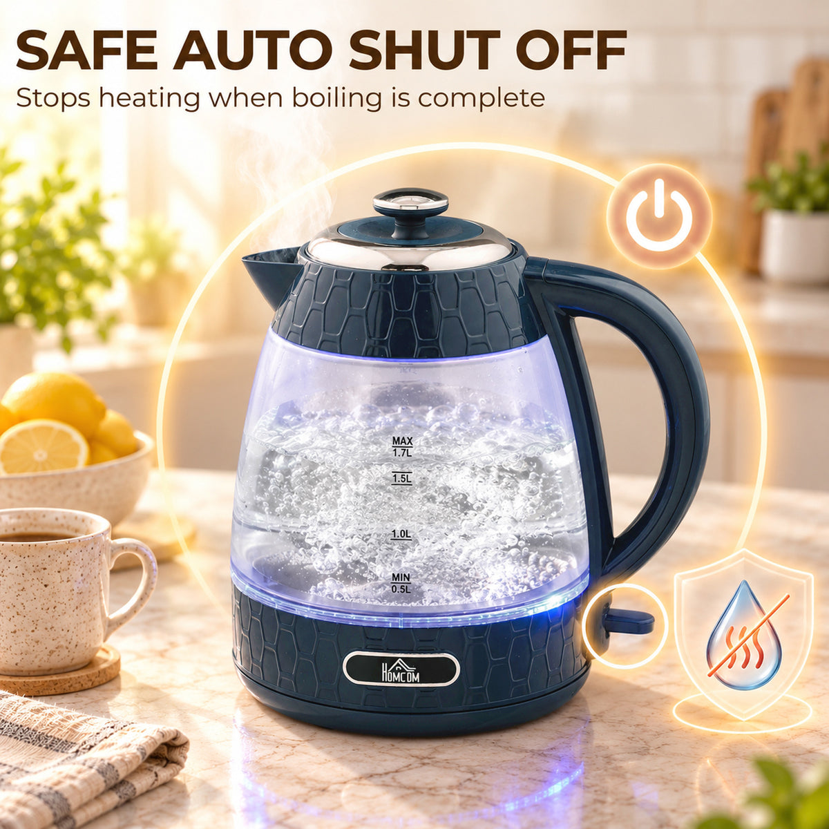 HOMCOM Kettle and Toaster Set, 1.7L 3000W Rapid Boil Jug Kettle with Limescale Filter, 2 Slice Toaster, Blue