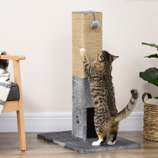 PawHut Cat Tree Scratching Post for Indoor Cats 79cm Jute Scratcher Climber w/ Carpet Base Dangling Toy â€“ Grey