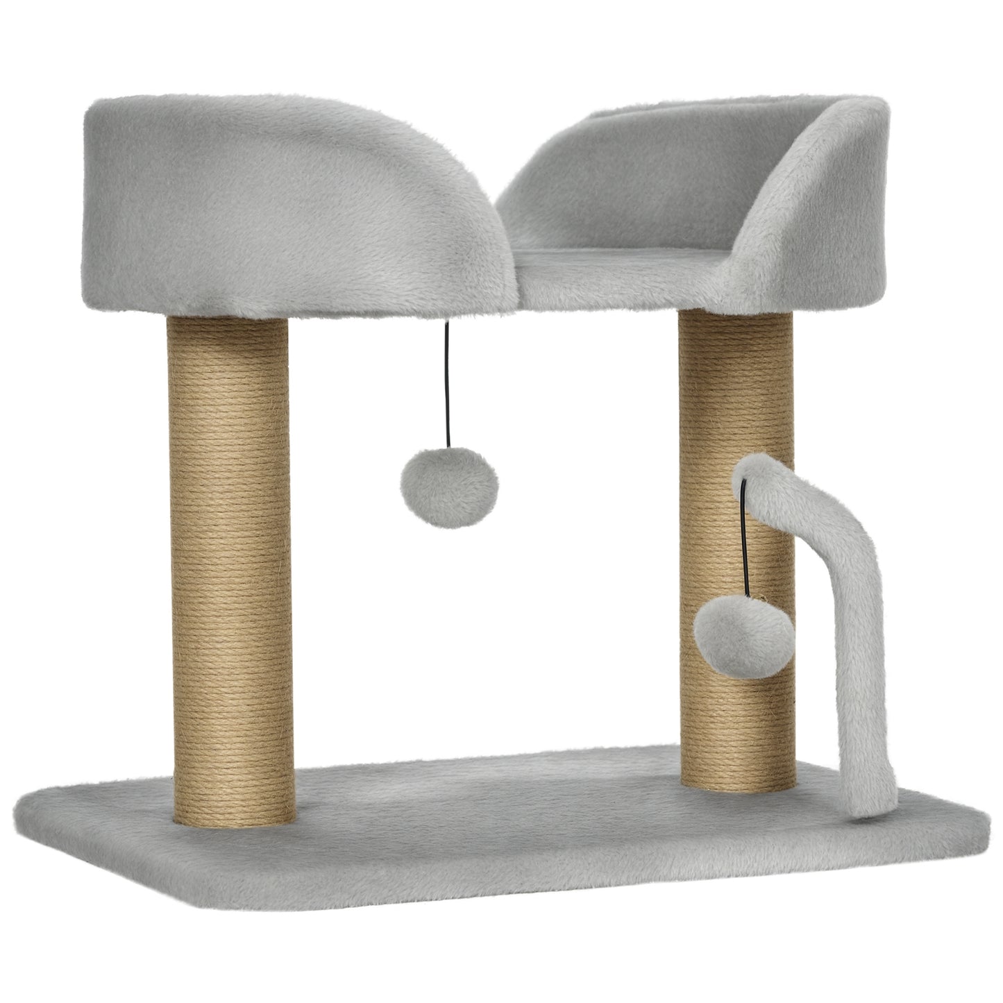 PawHut Designer cat tree scratching post with 2 hanging pom-pom toys 2 jute posts plush jute platform 48 x 38 x 42 cm gray