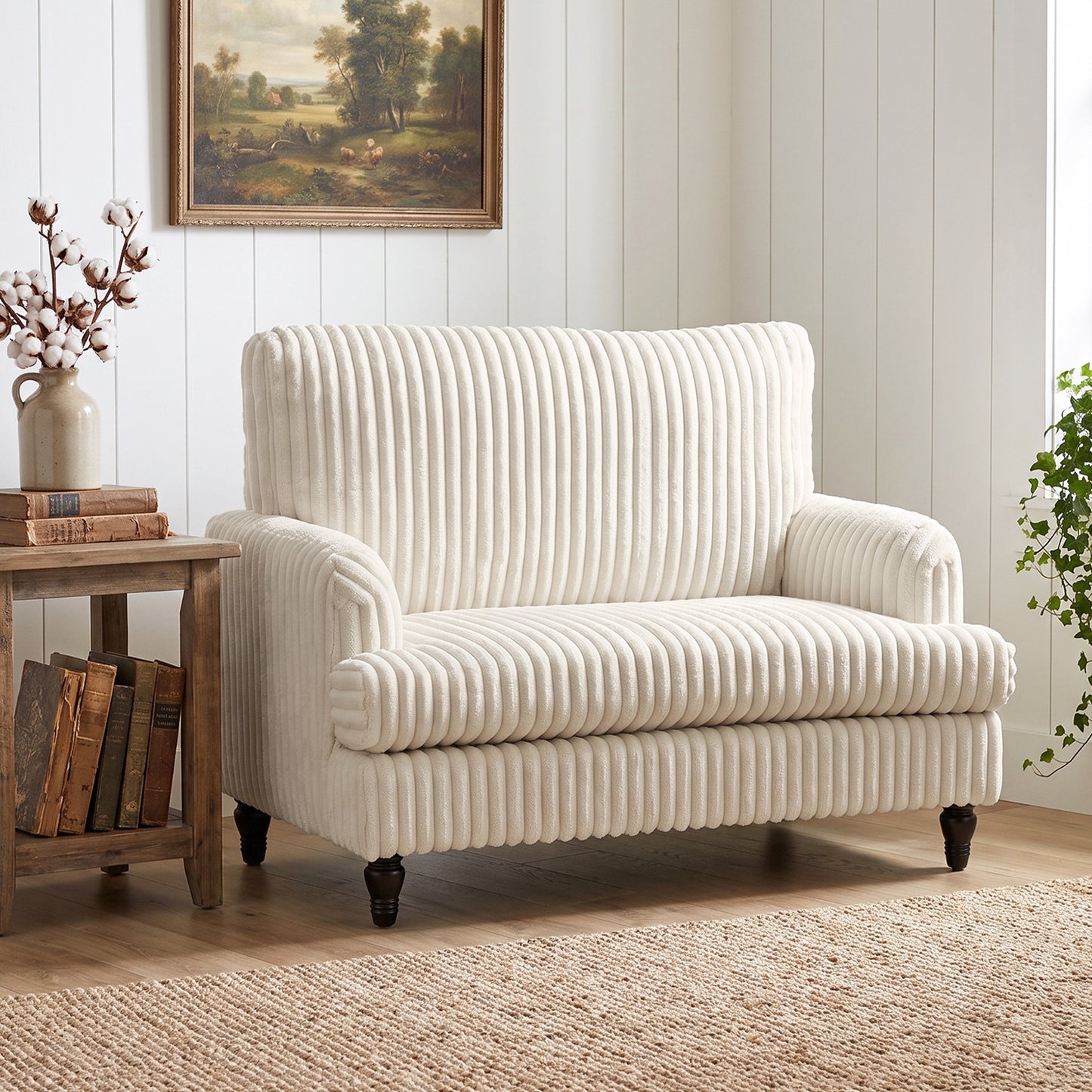 HOMCOM Corduroy Single Sofa Armchair, Modern Accent Chair with Stripes, Turned Legs and Wide Seat, Cream