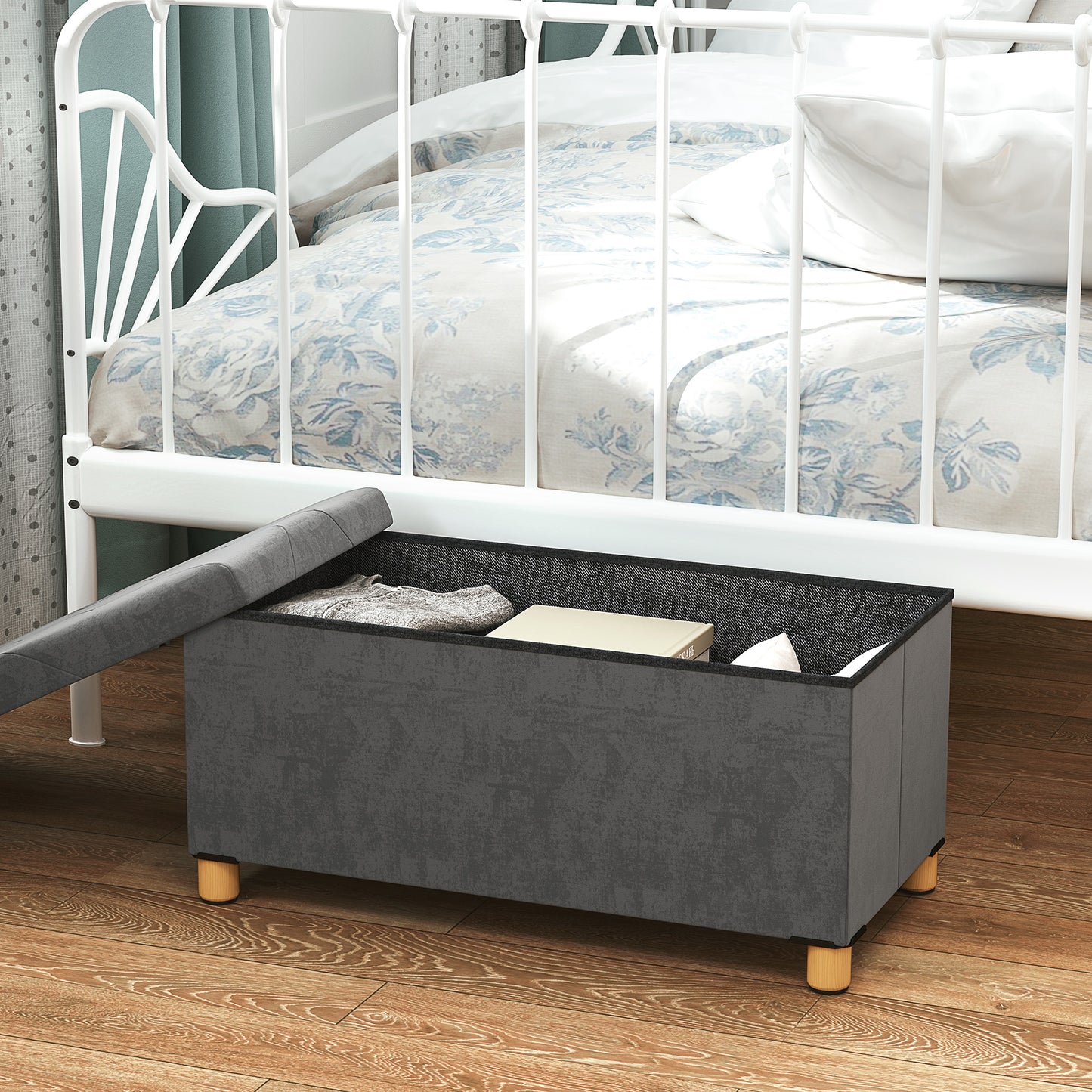HOMCOM Velvet Upholstered Foldable Ottoman Footrest, Storage Ottoman Bench with Wood Legs for Living Room, Grey