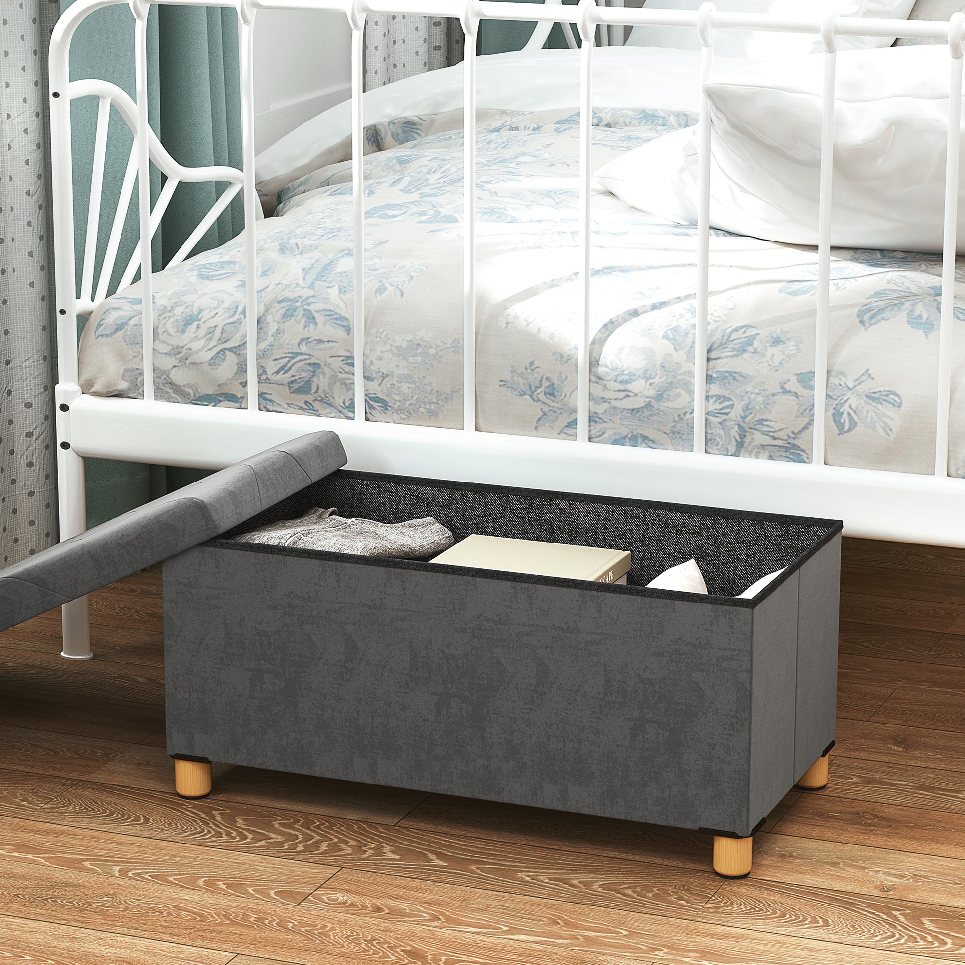 HOMCOM Velvet Upholstered Foldable Ottoman Footrest, Storage Ottoman Bench with Wood Legs for Living Room, Grey
