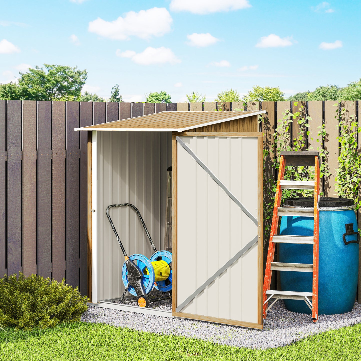 Outsunny 3.3 x 3.4ft Lean To Steel Garden Shed with Locking Door - Light Brown Wood Effect/White