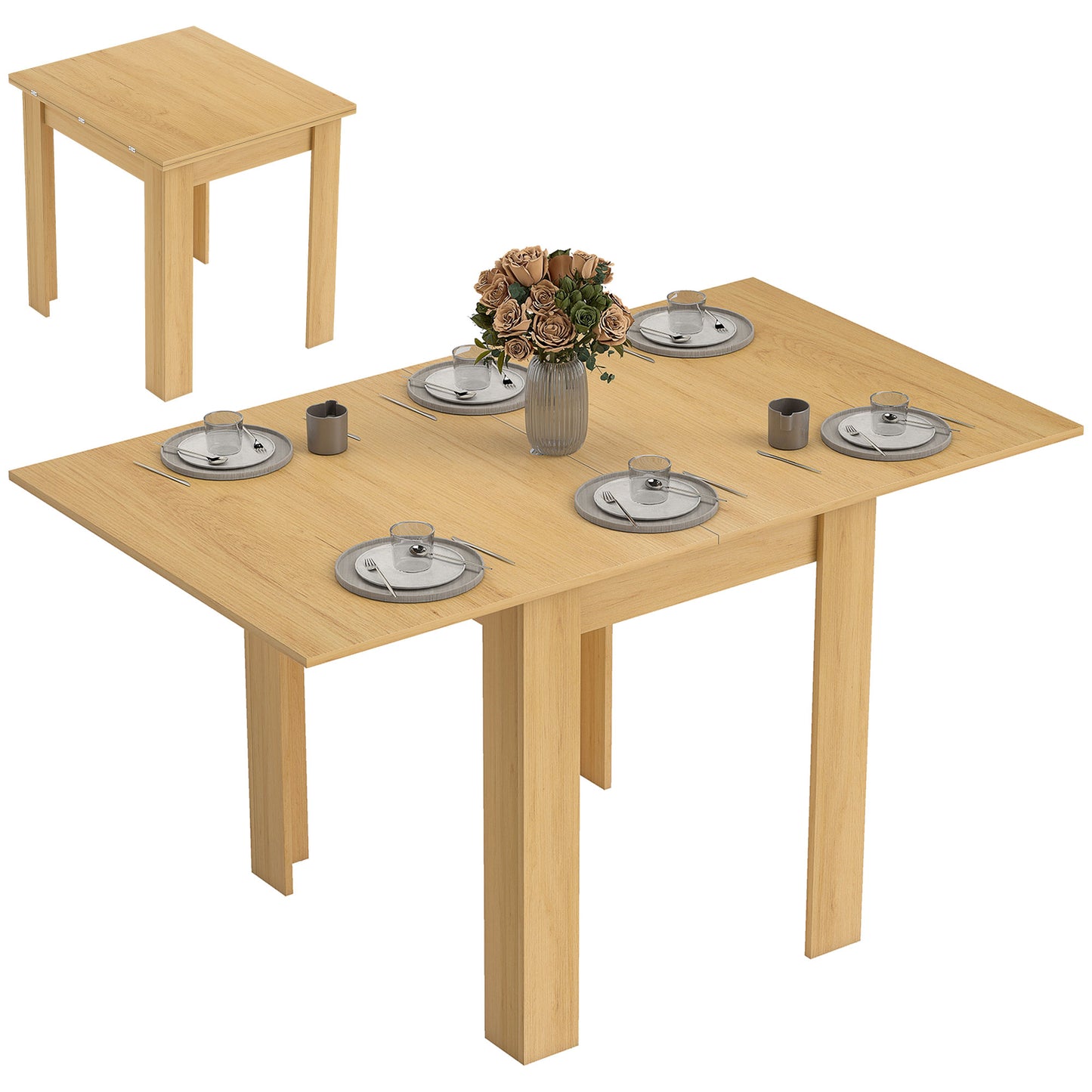 HOMCOM Extendable Rectangular Dining Table for 4 to 6 People, 70-140 cm Kitchen Table, Felt Pads, Natural Wood