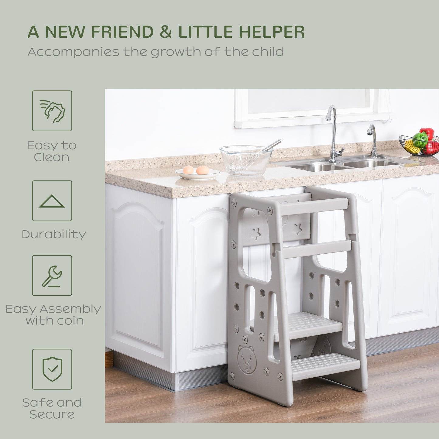 HOMCOM Kids Step Stool, with Adjustable Platform and Non-Slip Mat â€“ Grey