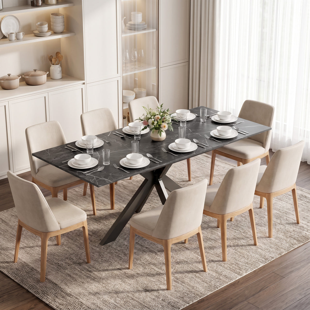 HOMCOM Extendable Dining Table Steel Cross Legs Steel Rails Space Saving Black