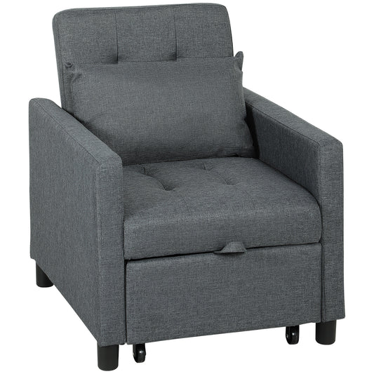 HOMCOM 3-In-1 Chair Bed, Convertible Sleeper Chair with Adjustable Backrest, Pillow and Footrest for Living Room, Dark Grey