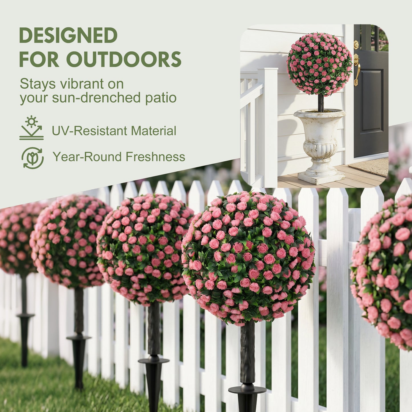 HOMCOM Artificial Rose Topiary UV Resistant, 2-Pack Fake Plants, 55 cm, Pink