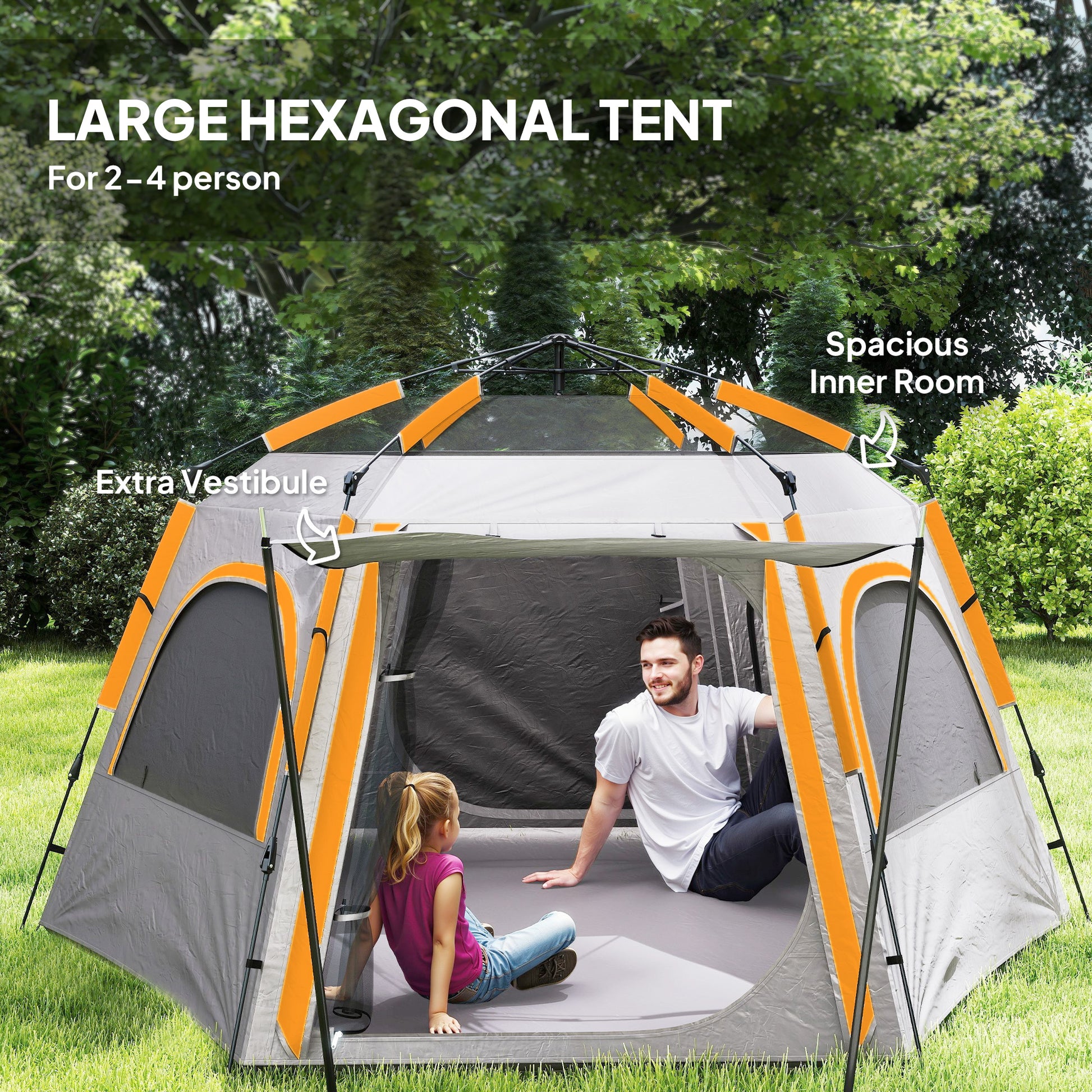 Outsunny Instant Pop Up Camping Tent, 2/3/4 Person Easy Setup Dome Family Tent with Vestibule, Rainfly, 4 Mesh Windows & 2 Doors, Hexagonal Design, Waterproof & UV Protected, Light Grey - LiamsBargains.co.uk
