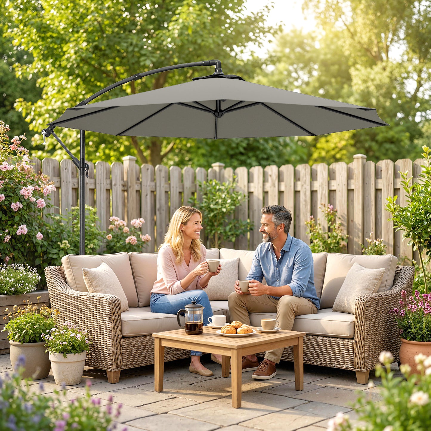 Outsunny 3m Overhanging Cantilever Parasol, with Cross Base - Light Grey