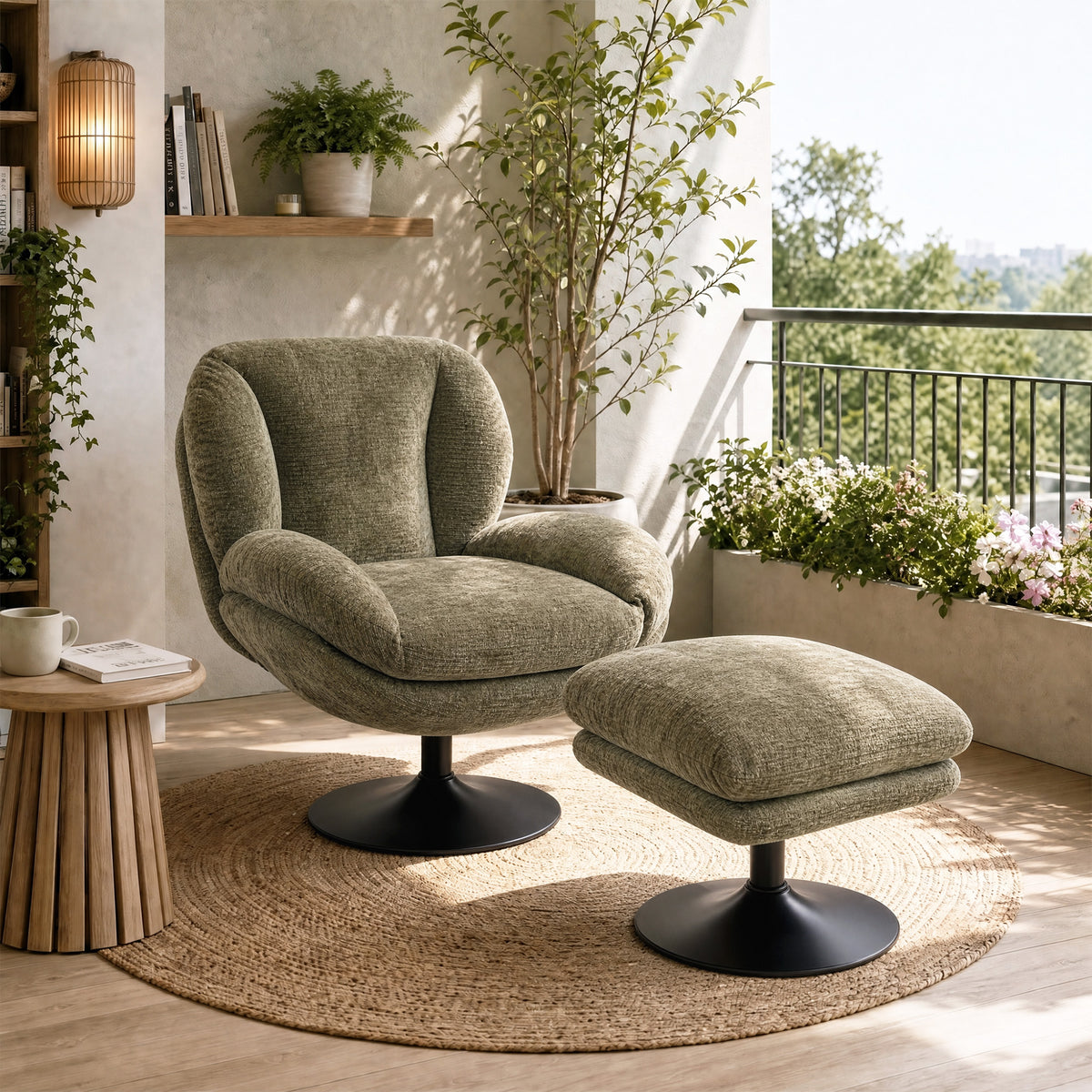 HOMCOM Modern Chenille Lazy Chair with Ottoman, 360Â° Swivel, Upholstered Reading Seat Set for Living Room, Dark Green