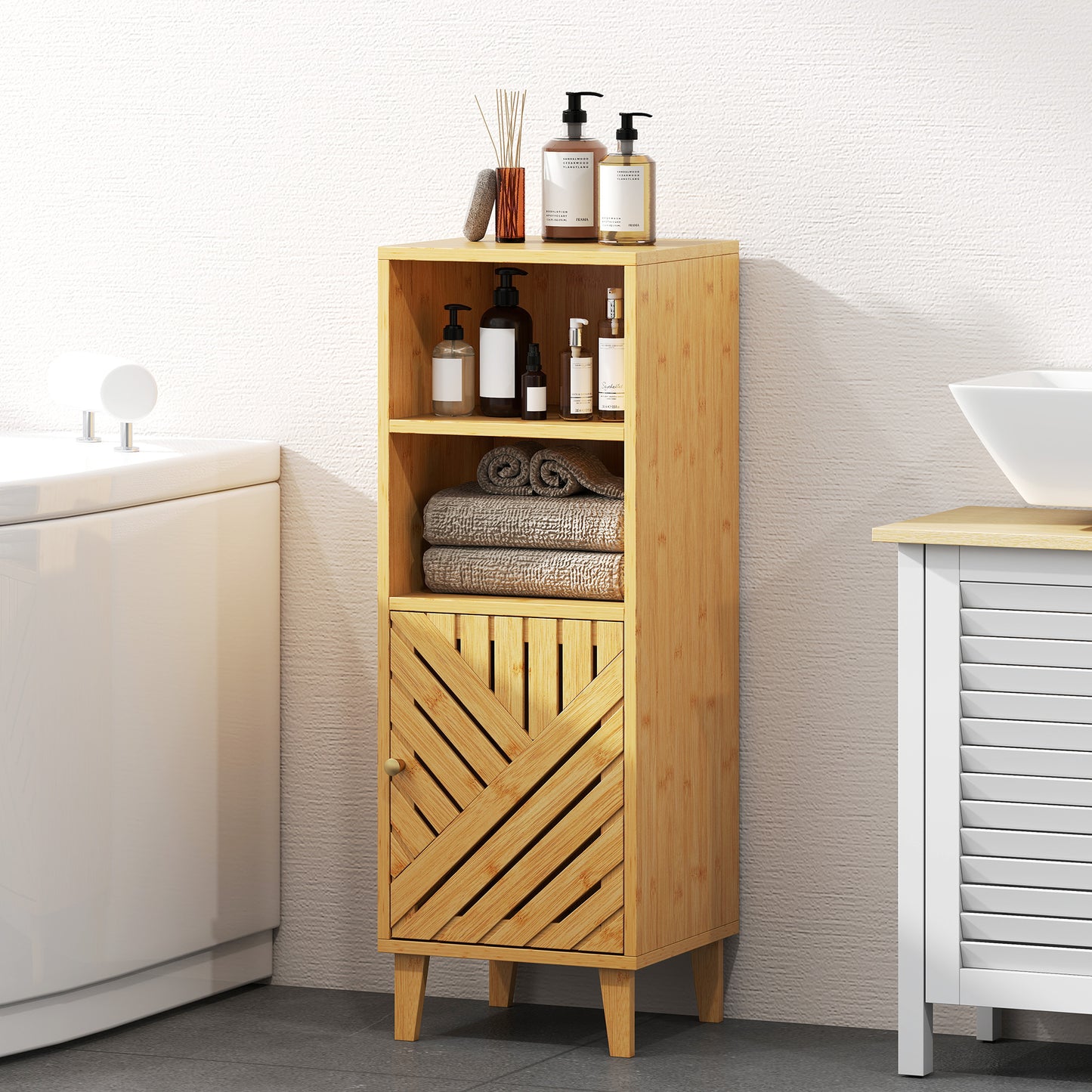 HOMCOM Slim Bathroom Cabinet with Bamboo Door and Legs, Narrow Bathroom Storage Cabinet, Freestanding Storage Cupboard with Open Compartments, 32 x 30 x 90 cm, Natural Wood Finish