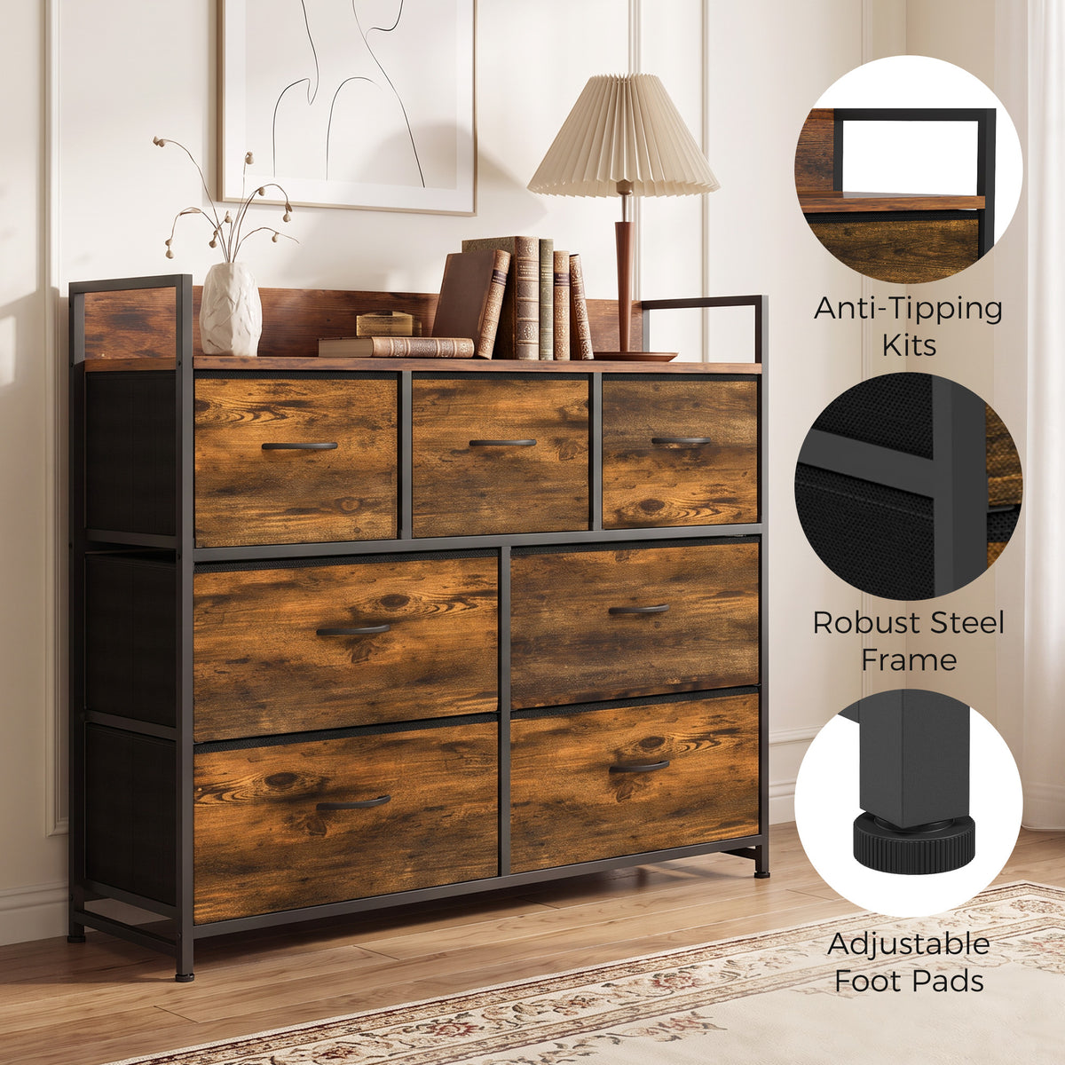 HOMCOM Chest of Drawers with 7 Drawers, Industrial Fabric Storage Unit with Top Shelf and Steel Frame for Bedroom, Rustic Brown