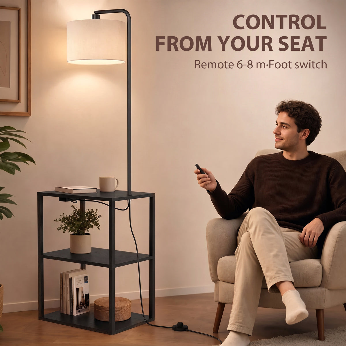 HOMCOM Dimmable Floor Lamp with Shelves, Charging Station, 3-Tier Storage Table, Adjustable Fabric Lampshade, Black