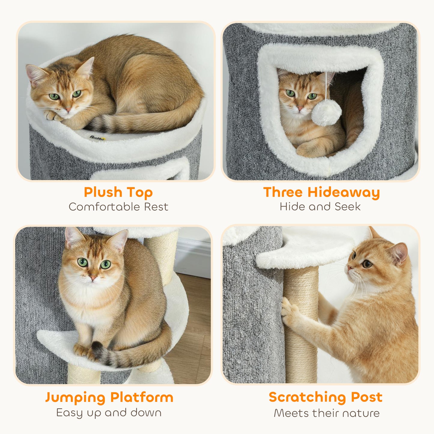 PawHut 101 cm Cat Tree with Sisal Scratching Posts, 3 Barrel Condos, 3 Platforms, for Indoor Cats to Rest and Play