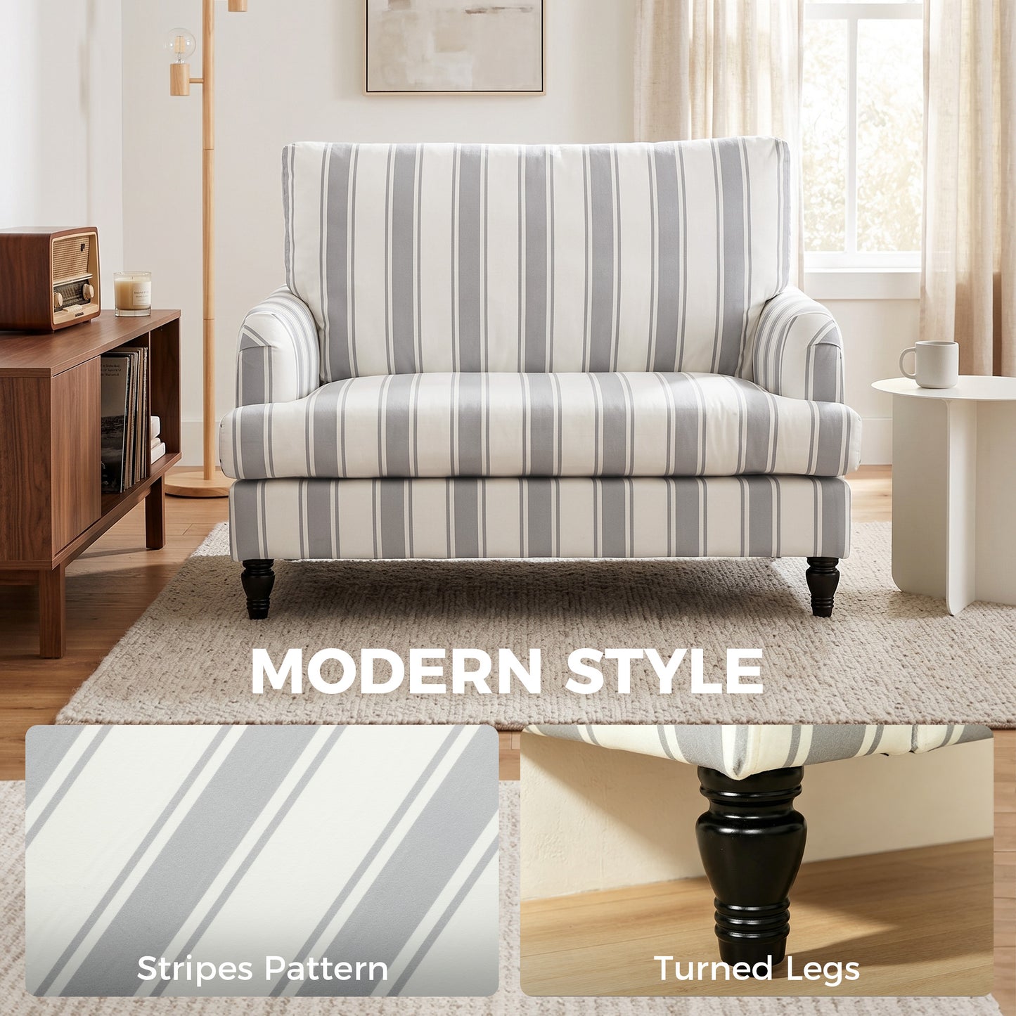 HOMCOM Velvet Single Sofa Armchair, Modern Accent Chair with Stripes, Turned Legs and Wide Seat, Grey